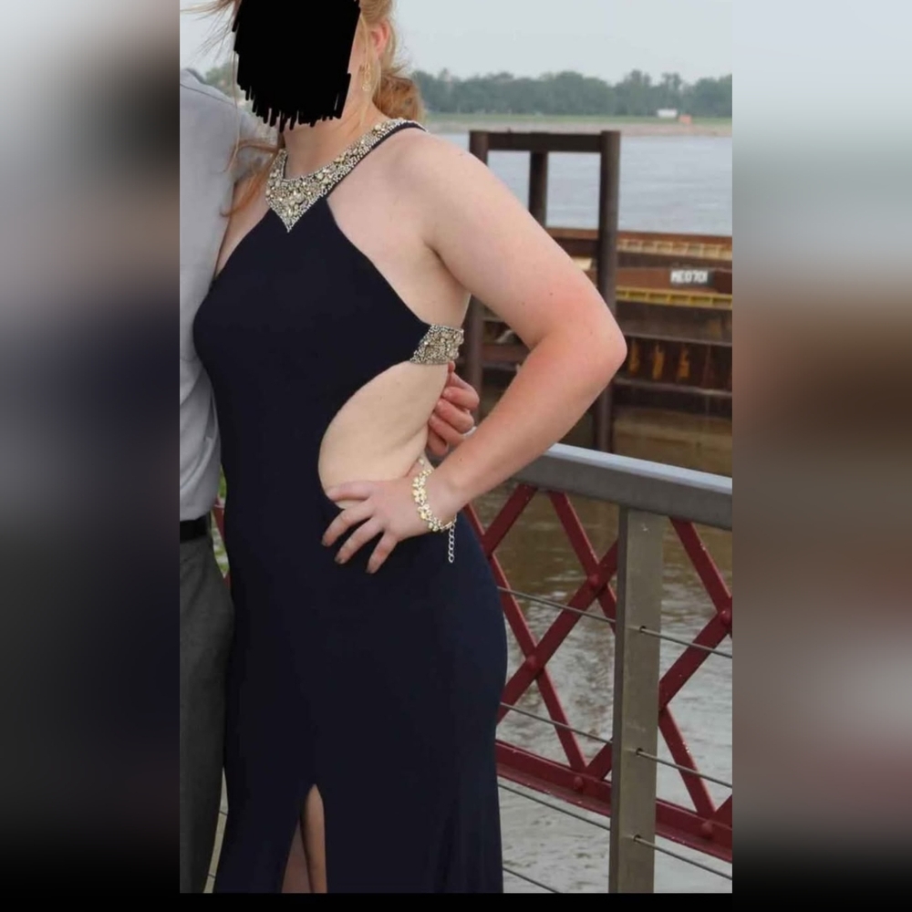 Elegant Navy Blue Evening Gown with Silver Accents